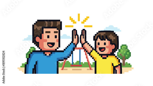 Pixel art high five between two friends in a playful park setting