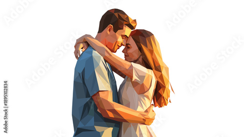 Geometric couple embrace: polygon art of romantic connection and love