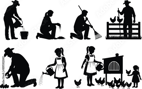 Black and white vector silhouettes of farmers gardening and tending to chickens, rural agricultural life collection with men women and children isolated on white.