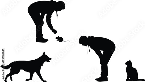 Human and animal interaction silhouette set, person bending toward dog, cat, and mouse, pet care behavior concept, black vector illustration