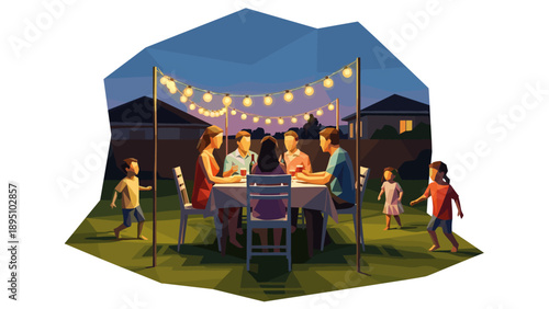 Family evening gathering outdoors with festive string lights in geometric style