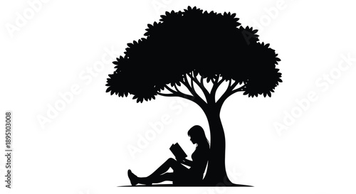 A person reading under a tree in stark black silhouette