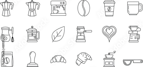 Collection of line art icons representing various coffee appliances and accessories