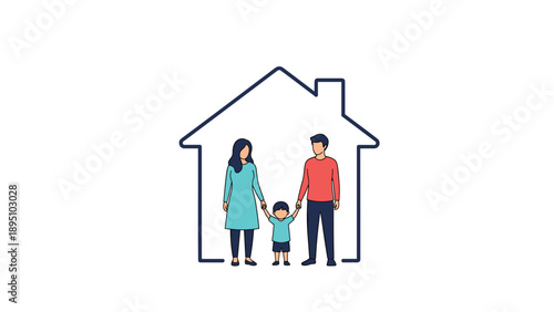 Happy family in front of house outline on white background