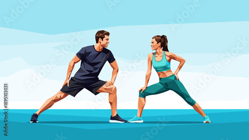 Active couple exercising outdoors in geometric design on a bright day