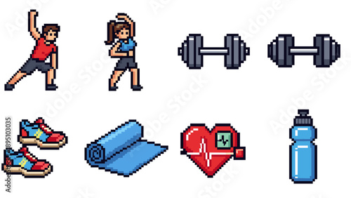 Pixel art fitness elements: diverse workout and health icons