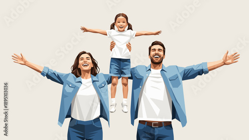 Happy family with arms outstretched in casual outfit