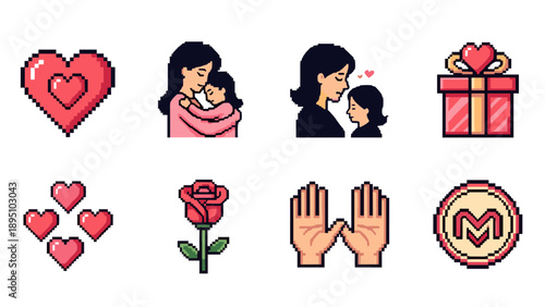 Pixel art mother and child love with hearts and gifts