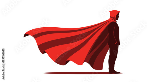 Silhouette of heroic figure with flowing red cape on white background