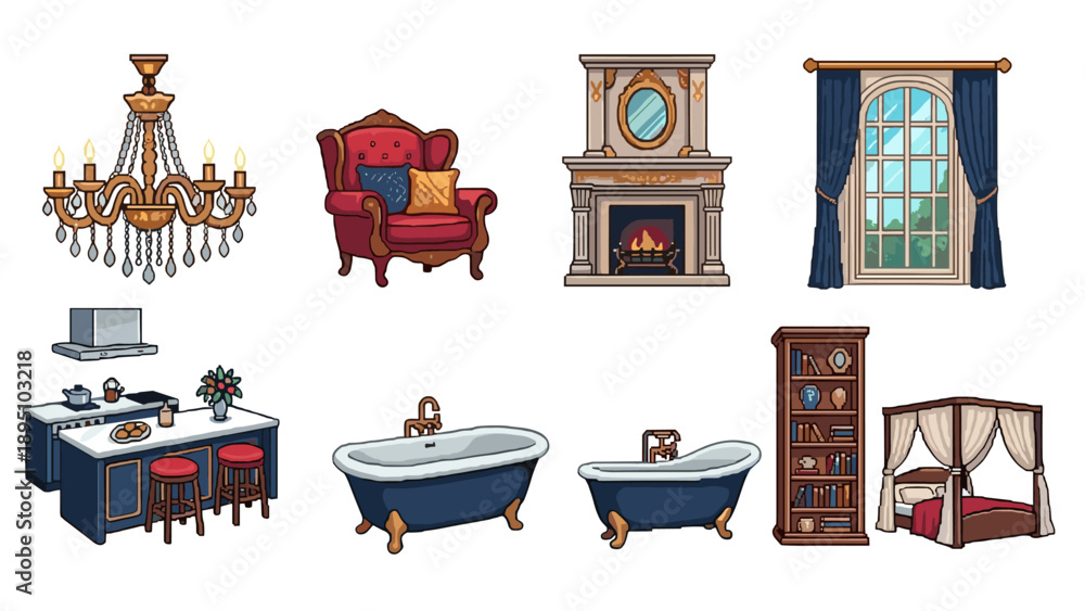 Naklejka premium Vintage home interiors set with furniture and fixtures in retro style