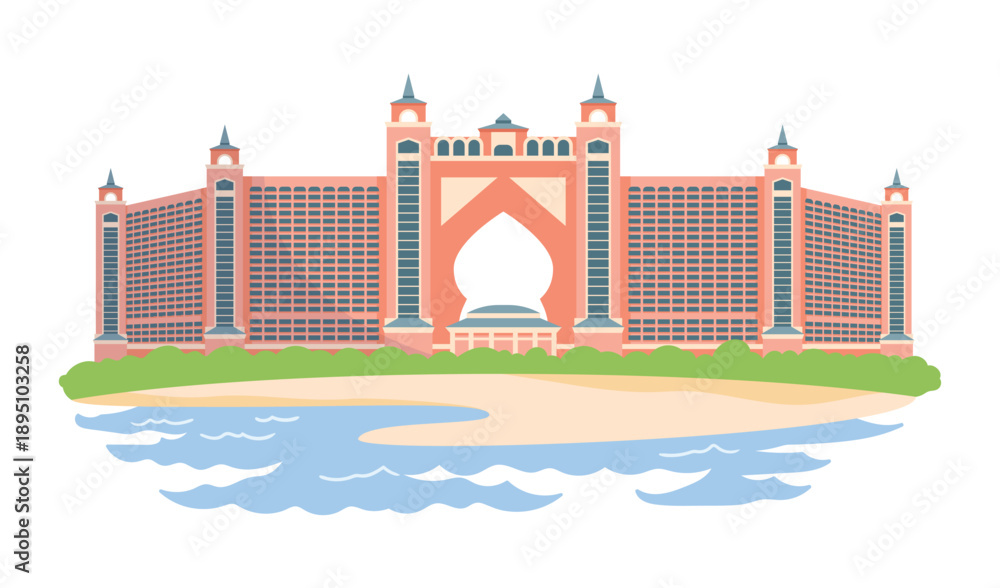 Obraz premium Famous Atlantis hotel in Dubai depicted with beach, water, and iconic architecture, ideal for travel, tourism, and Middle East themes, isolated on white background vector illustration
