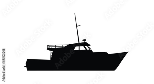 A stark black silhouette of a fishing boat on a white background silhouette