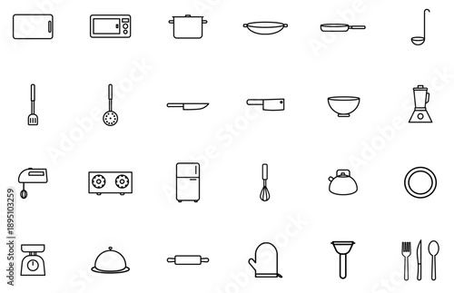 Modern Kitchen Appliances and Utensils Line Icons Set