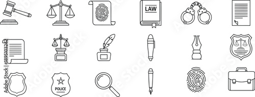 Collection of line icons representing law, justice, and crime investigation concepts