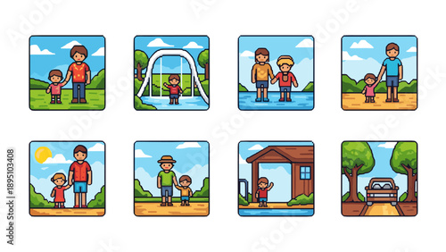 Pixel art family park scenes: parents and children enjoy outdoor activities