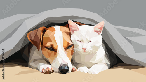 Geometric art of dog and cat cozy under blanket