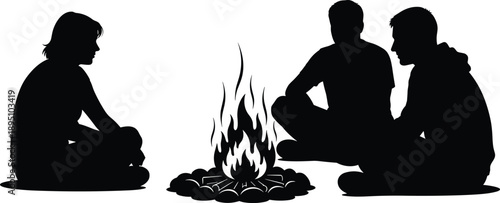 People sitting around campfire silhouettes, outdoor storytelling and friendship bonding concept, black and white vector illustration, camping night scene artwork