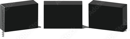 Black rectangular box mockup set in three perspectives for packaging branding product display isolated on white background vector illustration