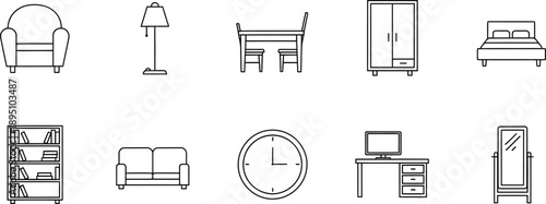 Simple line art icons of home furniture and accessories for interior design concepts