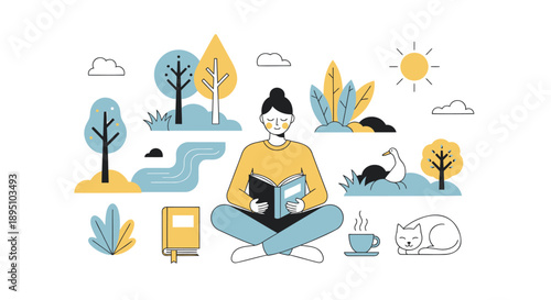 relaxed man reading book outdoors with cat and nature