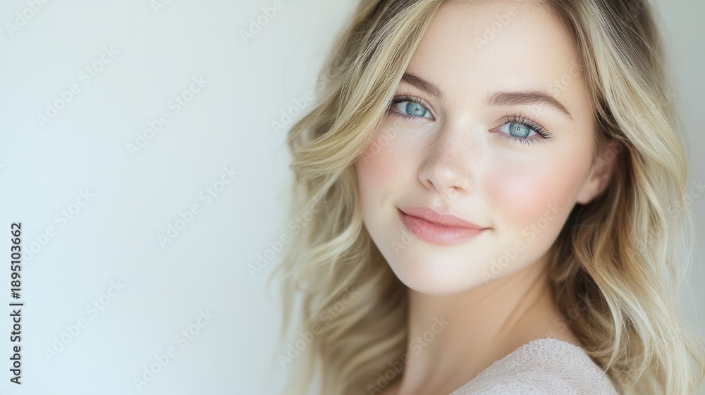 Naklejka premium Young blonde woman smiling, highlighting healthy glowing skin, natural beauty, and a fresh, confident expression