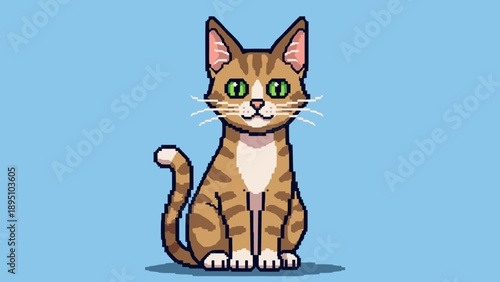 Pixel art cat: cute brown kitten on blue background with classic 8-bit style