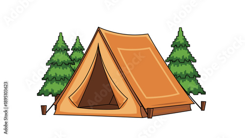 Cozy camping scene with orange tent and pine trees in cartoon art style
