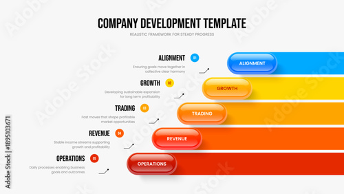 Modern Insight Five Element Diagram Slide Design. Financial Briefing 5 Step Infographic Slideshow Layout. Professional Visualization Presentation Template Vector Illustration.