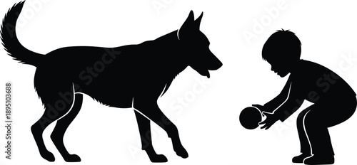 Silhouette child playing with dog, kid holding ball facing pet, black vector illustration of playful friendship, isolated on white background