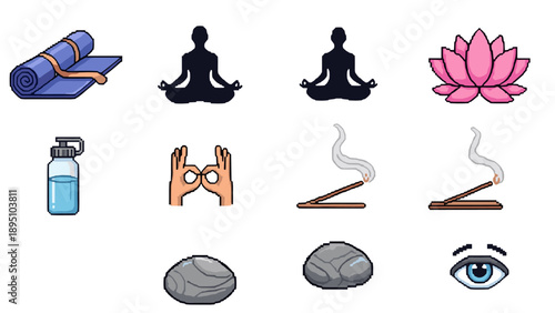 Pixel art yoga elements and accessories for meditation and wellness