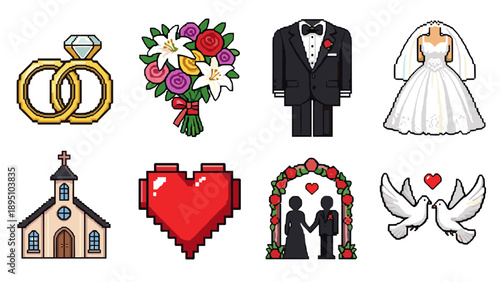 Romantic wedding icons in retro pixel art style featuring bride, groom, rings, bouquet, church, and dove