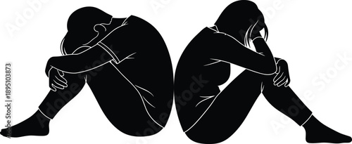 Sad woman silhouette sitting alone back to back, emotional stress and depression concept, loneliness feeling, minimal black vector illustration, isolated white background