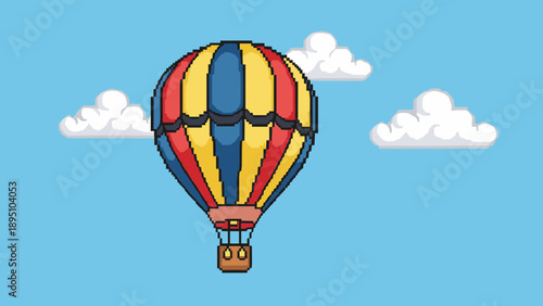 Vintage pixel art hot air balloon with colorful stripes in blue sky