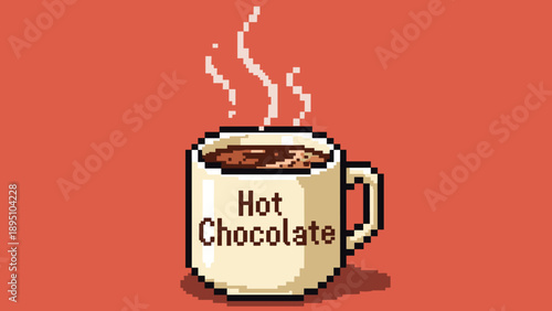 Retro pixel art hot chocolate mug on warm red background