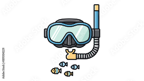 Cute snorkeling mask and fish in cartoon style