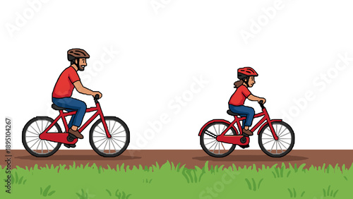 Father and daughter riding bikes on a sunny day