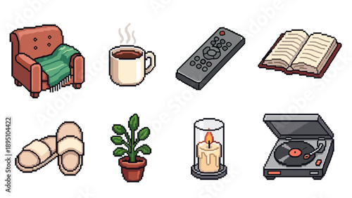 Cozy home essentials in retro pixel art style for a relaxing atmosphere
