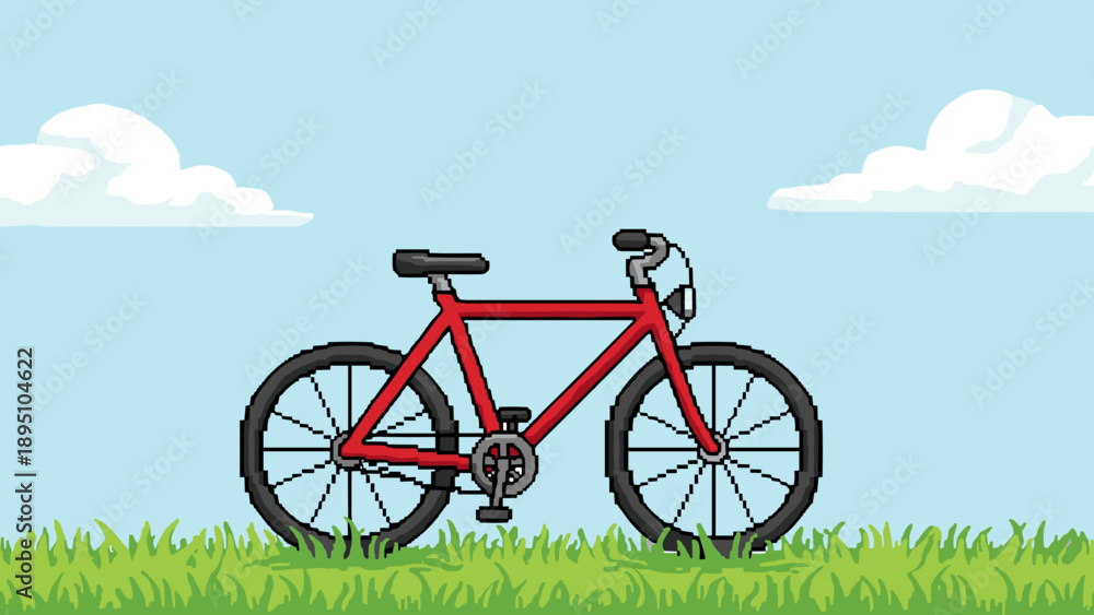 Obraz premium Pixel art red bicycle on grass with blue sky and clouds