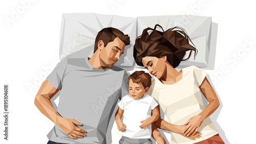 Low poly family resting together in bed with soft pillows and neutral tones