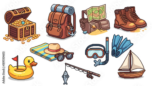 Adventure and travel icons with camping and beach equipment in retro pixel art style