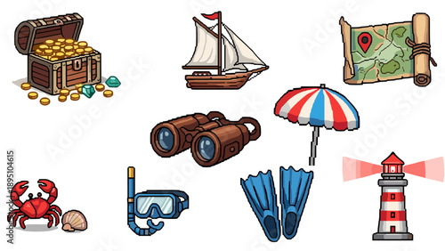 Pixel art nautical adventures: treasure chest, sailboat, and more