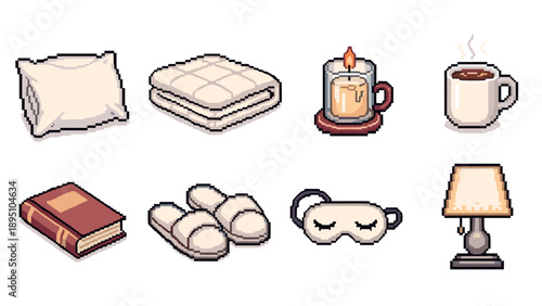 Cozy home essentials in pixel art style for relaxation and warmth