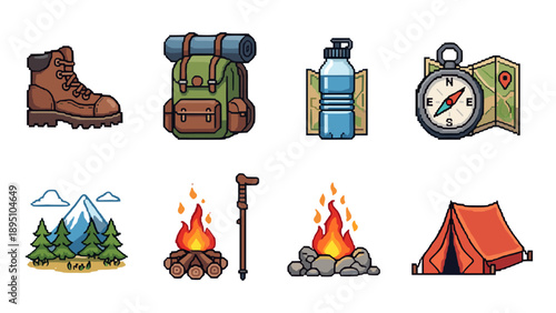 Pixel art camping icons: backpack, compass, fire, hiking boot, tent, and nature elements