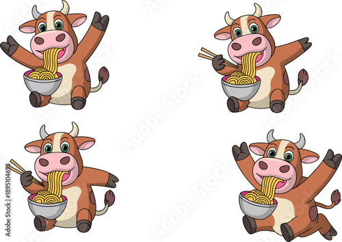 Cartoon cow eating noodles, funny animal character, chopsticks food illustration, playful bovine artwork, cute mascot design, whimsical dining scene, cultural artwork