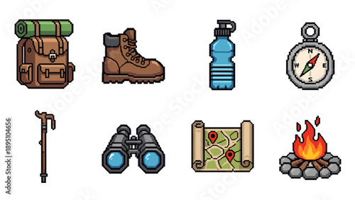 Pixel art camping gear icons: adventure essentials set