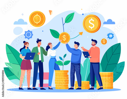 A group of diverse people collaborating to grow money and investments, symbolizing teamwork, financial success, and business development.