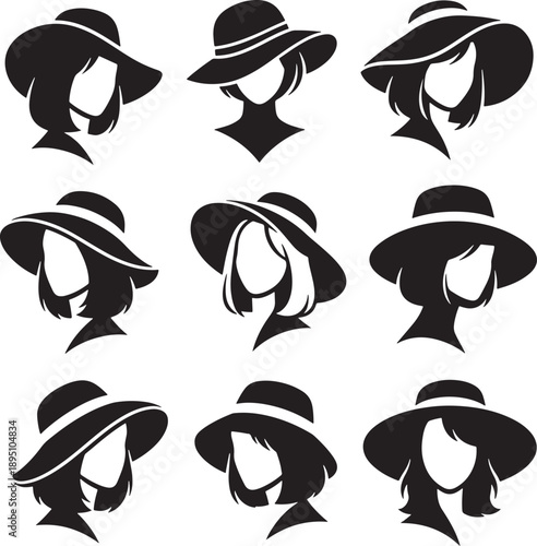Elegant Black and White Women's Sun Hats Vector Set for Fashion Design and Summer Graphics