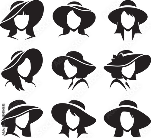 Set of 9 Minimalist Black Wide-Brimmed Hats Vector Silhouettes for Fashion Design