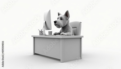 Dog sitting at a desk working on a computer in a minimalist style  