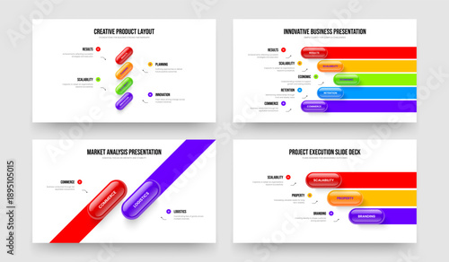 Marketing Insight 4 5 2 3 Element Infographic Slide Layout Collection. Investor Review Four Five Two Three Option Diagram Presentation Design Vector Illustration Set.